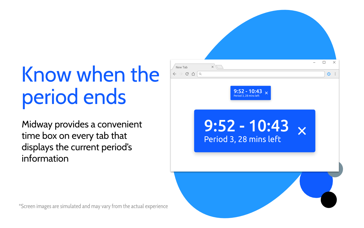 More intuitive timebox includes current period start and end times, the current period name, and the number of minutes until the end of the period Midway v3.0.0 marketing slide 1
